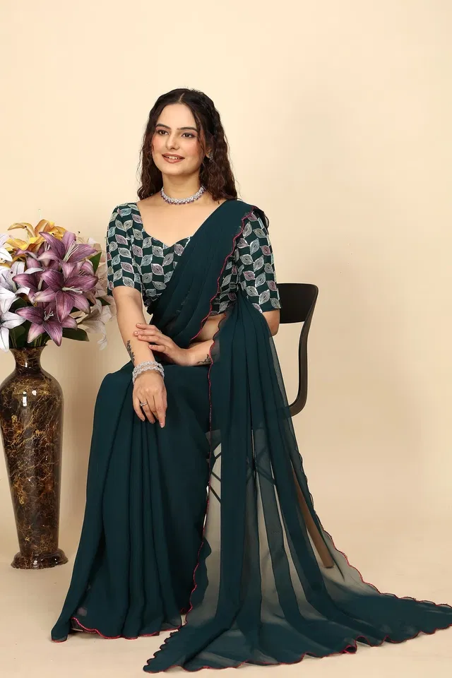 Georgette Woven Design Saree for Women (Bottle Green, 6.3 m)