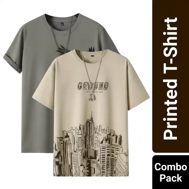 Men's Round Neck Printed T-Shirts - Pack of 2, Grey & Beige, XXL