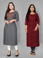 Solid Embroidered A-line Kurti for Women, Pack of 2 