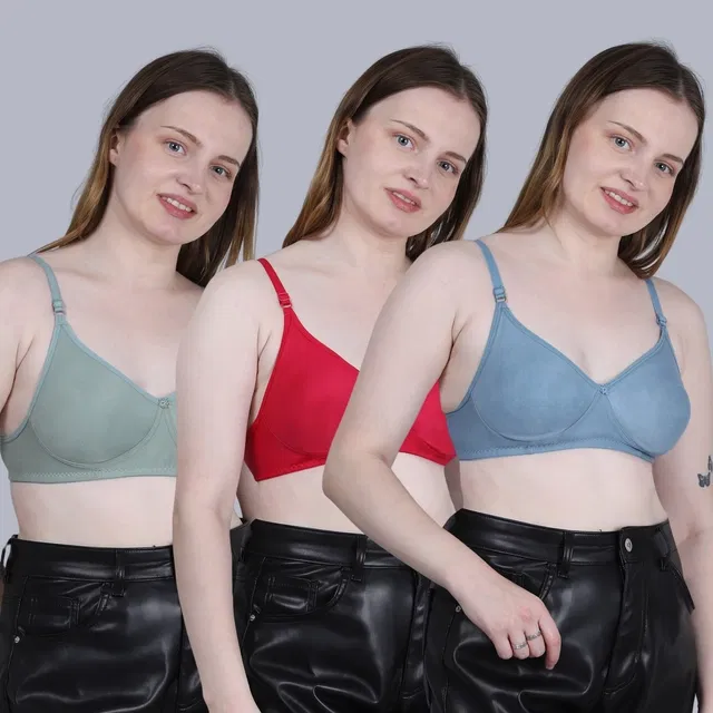 Cotton Non-Padded Bra for Women, Multicolour, Pack of 3 (32B)