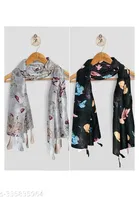 Printed Chiffon Scarves with Tassels for Women, Multicolor, Pack of 2