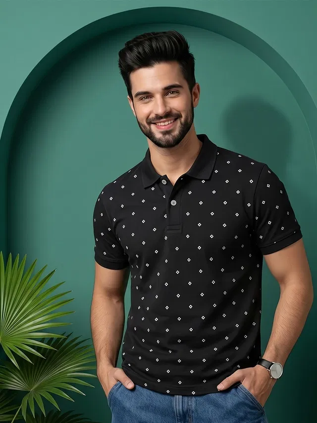 Printed Polo T-shirt for Men (Black, XXL)