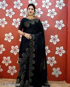 Georgette Applique Saree For Women, Navy Blue