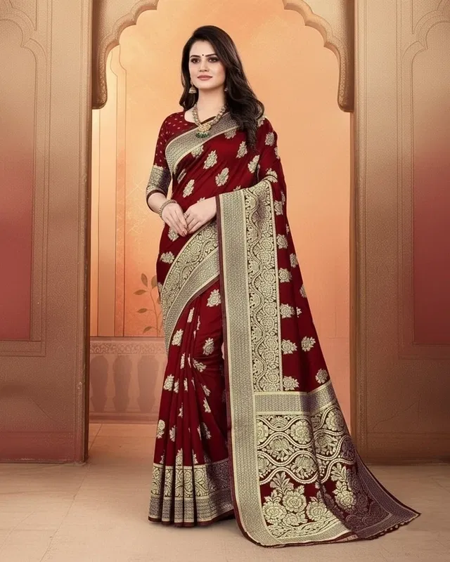 Banarasi Silk Jacquard Embroidery Saree for Women (Purple)