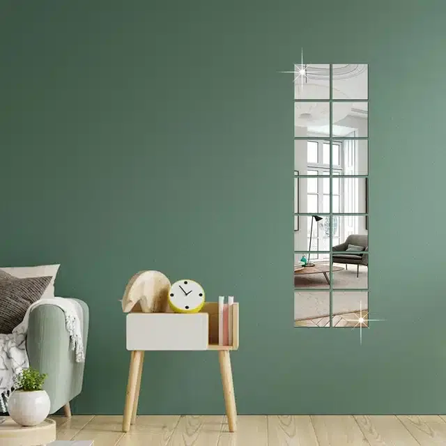 Acrylic Square Shaped Wall Mirror Stickers (Silver, Pack of 14)