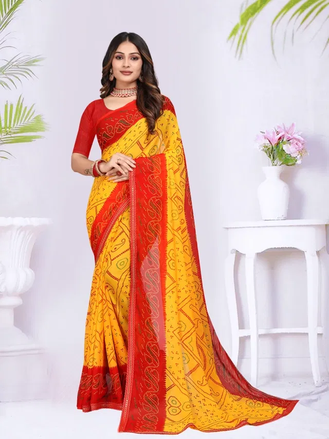 Georgette Printed Saree for Women (Red, 6.3 m)