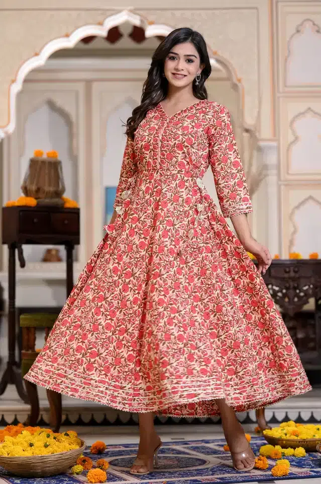 Cotton Printed Anarkali Kurti for Women (Red, 6XL)