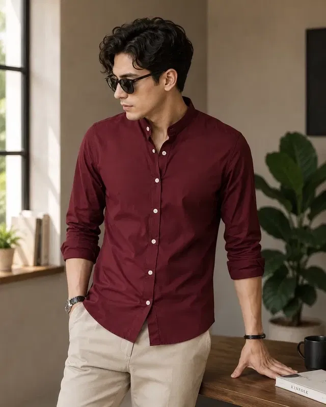 Cotton Blend Solid Shirt for Men, Maroon (M)