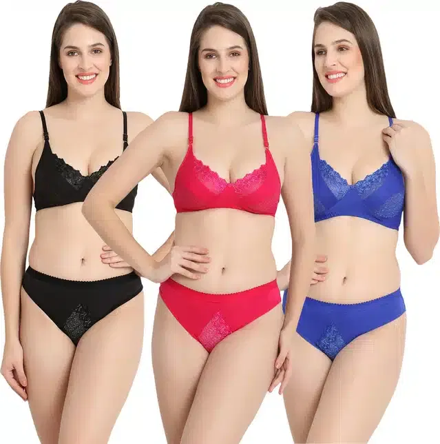 Silk Blend Lingerie Set for Women (Multicolor, 34) (Set of 3)