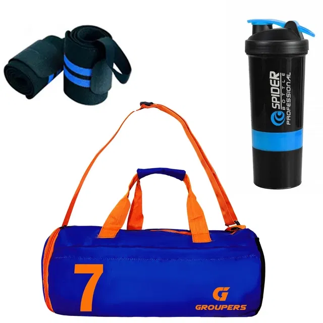 Polyester Printed Gym Bag with 2 Pcs Wristband & Shaker Bottle (500 ml) for Men & Women (Multicolor, Set of 1)