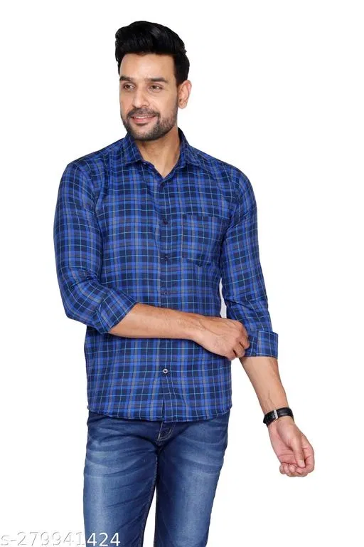 Cotton Blend Checked Shirt for Men, Blue (XL) Pack of 1