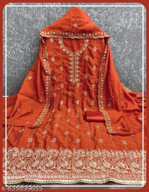 Vichitra Silk Embroidered Punjabi/All Over Suits for Women (Orange, 6.85 meter (3XL)