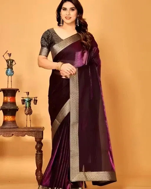 Lycra Blend Solid Saree for Women (Wine, 6.3 m)