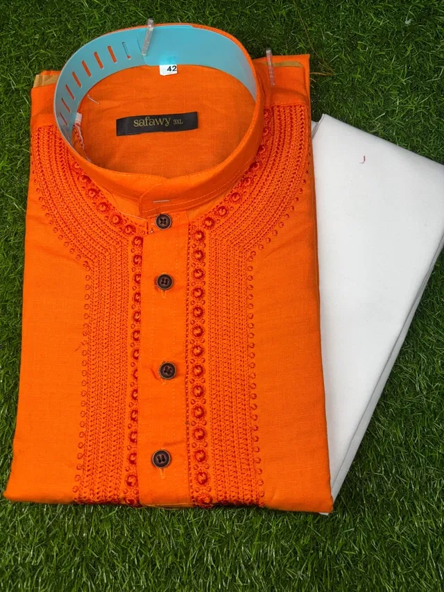 Cotton Blend Embroidered Kurta with Pyjama for Men, Orange & White (XL)