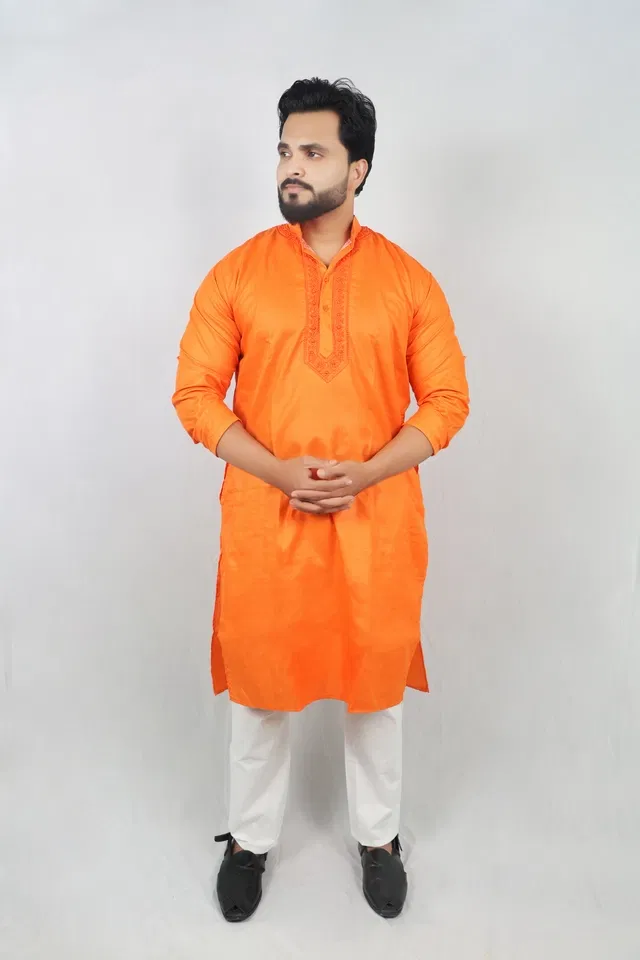 Cotton Solid Kurta with Pyjama for Men (Orange & White, XXL)
