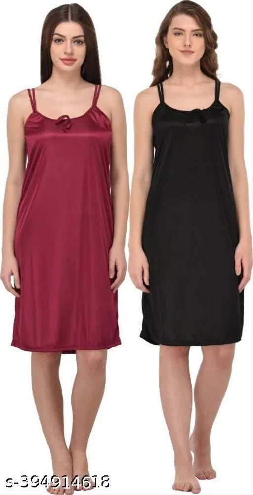 Satin Solid Nightdress for Women, Black & Dark Pink, Pack of 2 (XXL)