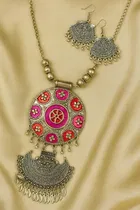 Women's Oxidized Meenakari Jewellery Set with Earrings (Pink & Silver) (Pack of 1)