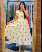 Rayon Printed Anarkali short sleeve Kurti for women (White) (M)