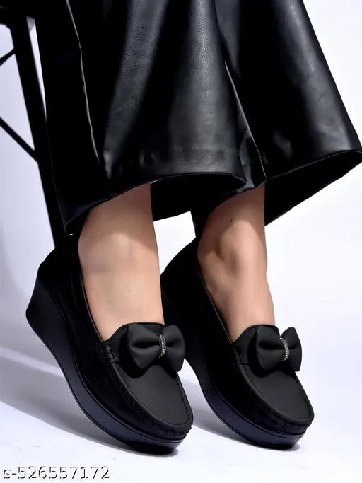 Solid Synthetic Loafers for Women (Black, IND-6)