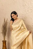 Litchi Silk Woven Design Saree for Women, Cream 