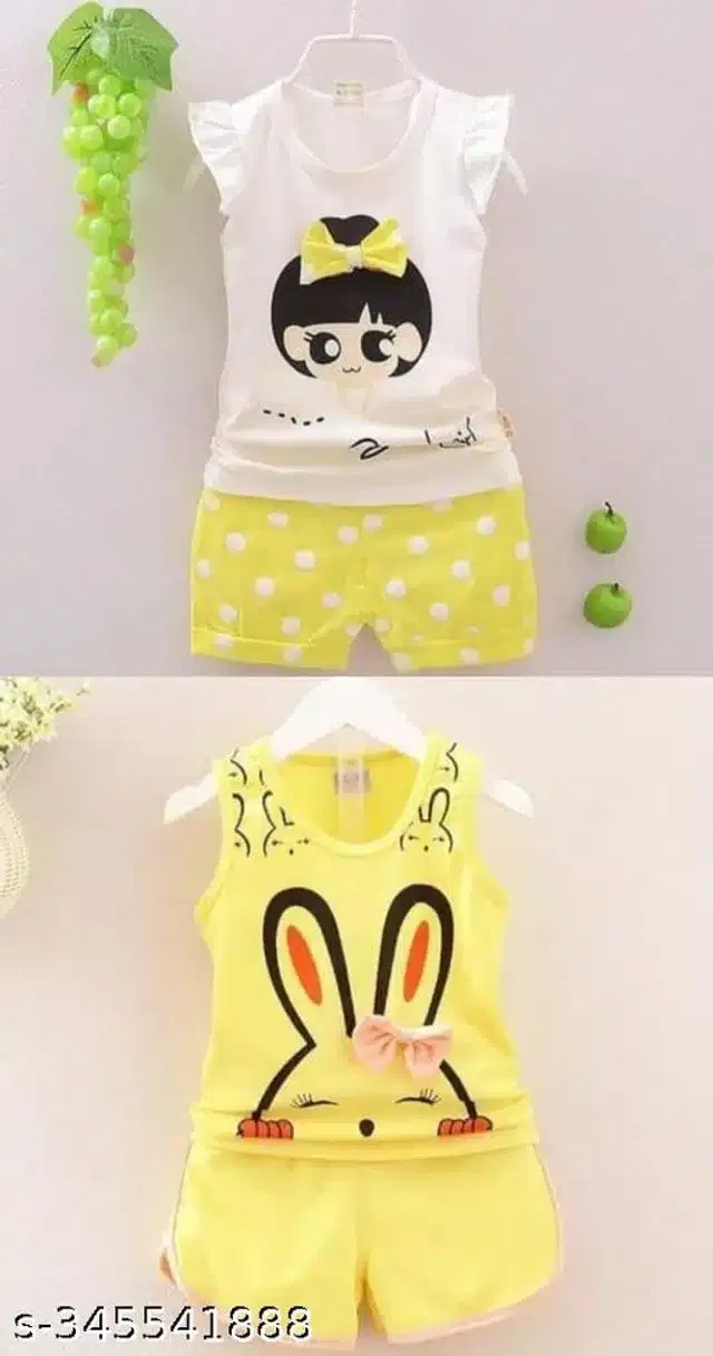 Hosiery Cotton Sleeveless Top & Bottom Clothing Set for Girls (White & Yellow, 6-12 Months) (Set of 2)