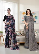 Georgette Printed Saree for Women, Multicolor, Pack of 2 