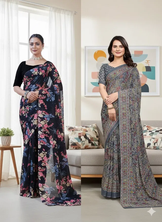 Georgette Printed Saree for Women, Multicolor, Pack of 2 (6.3 m)
