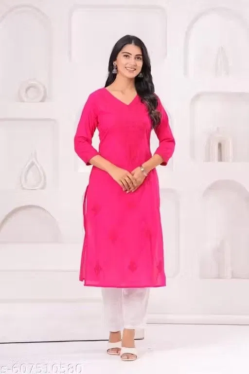 Cotton Chikankari Kurti for Women, Dark Pink (XL)