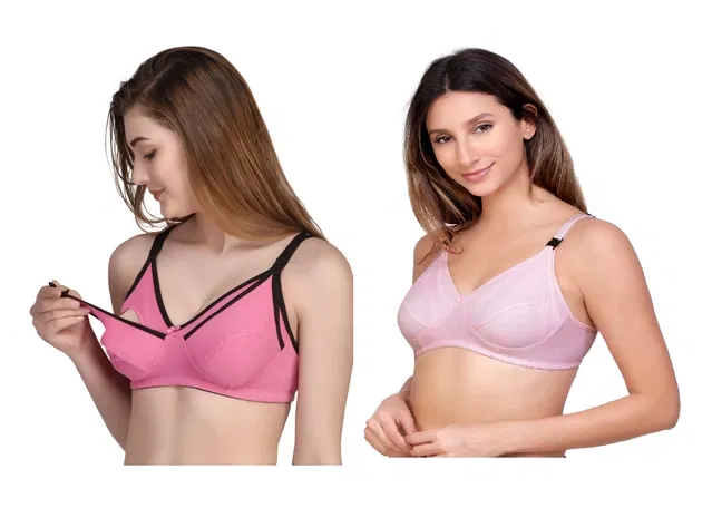 Cotton Blend Solid Non Padded Feeding Bras for Women (Multicolor, 40) (Pack of 2)
