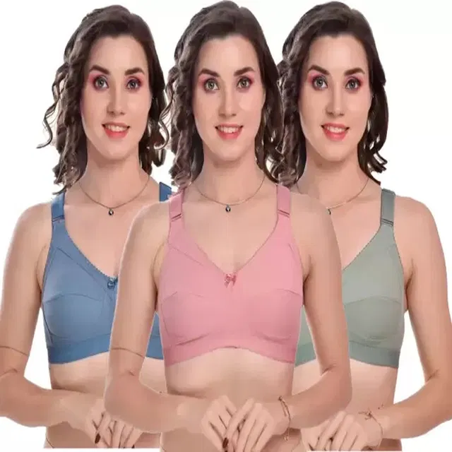 Cotton Solid Non Padded Bras for Women (Multicolor, 34) (Pack of 3)