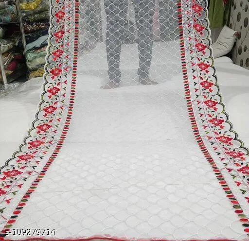 Embroidered Jaipuri Checked Net with Aari Work Sewing & Embroidery (White, Free Size)