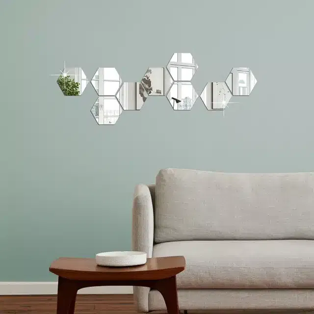 Acrylic Hexagon Shaped Wall Mirror Stickers (Silver, Pack of 9)