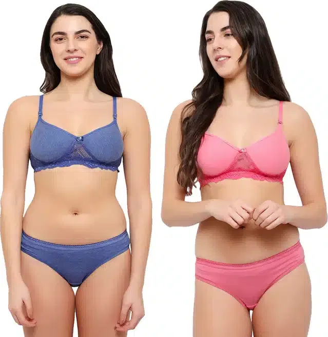 Cotton Blend Lingerie Set for Women (Pink & Blue, 30) (Set of 2)