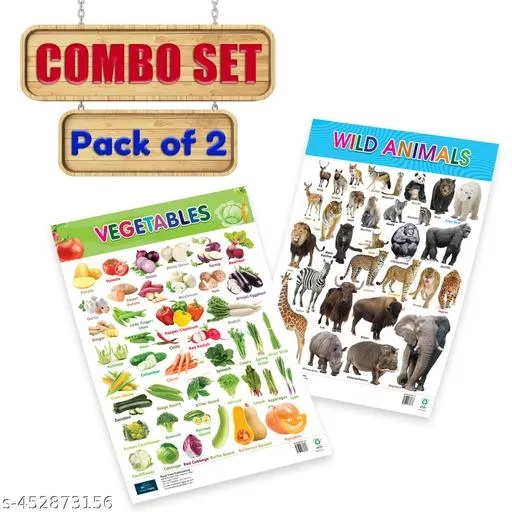 Bookford Publications Both Sides Big Laminated Charts – Vegetables & Wild Animals (Set of 2) | Educational Wall Charts for Kids | Vegetables Identification & Wildlife Awareness Charts | Durable, Reusable & Classroom-Friendly Learning Aids