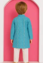 Cotton Blend Printed Kurta with Payjama for Boys, Teal & White 