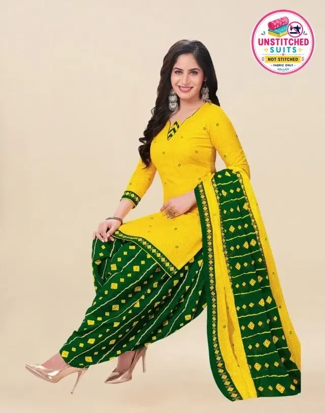 Crepe Block Print Unstitched Suits Fabric for Women (Green & Yellow)