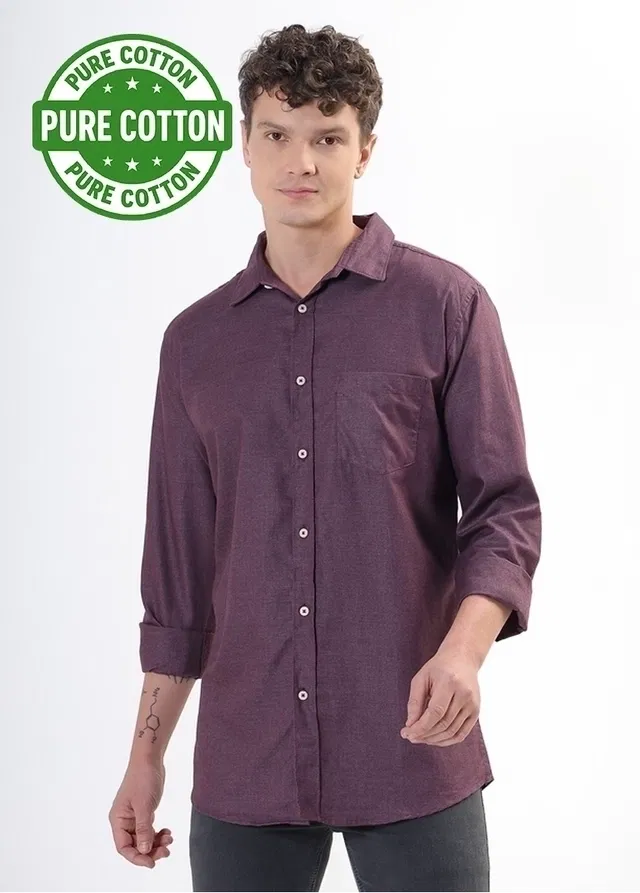 100% Cotton Full Sleeves Solid Shirt for Men (Wine, XXL)