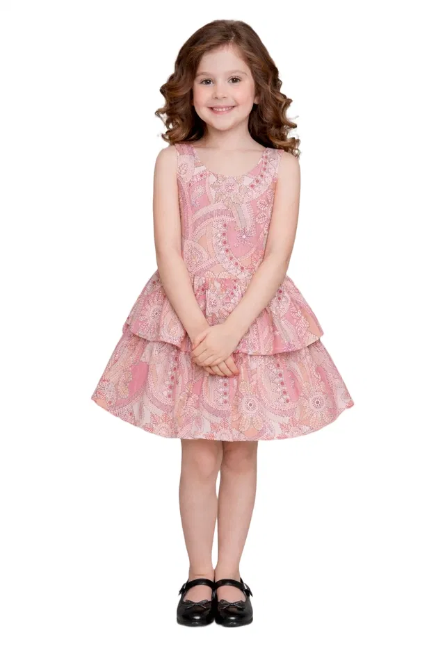 Printed Party Wear Dress for Girls (Multicolor, 5-6 Years)
