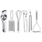 Oc9 Stainless Steel Lemon Squeezer & Cheese Grater & Egg Whisk & Pakkad & Roti Chimta & Potato Masher Kitchen Tool Set 
