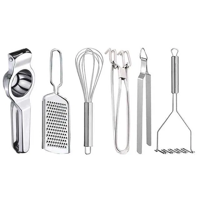Oc9 Stainless Steel Lemon Squeezer & Cheese Grater & Egg Whisk & Pakkad & Roti Chimta & Potato Masher Kitchen Tool Set (O-124)