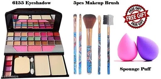 6155 Makeup kit + 5 Pieces Makeup Brush + 2 Pieces Blender Puff Combo