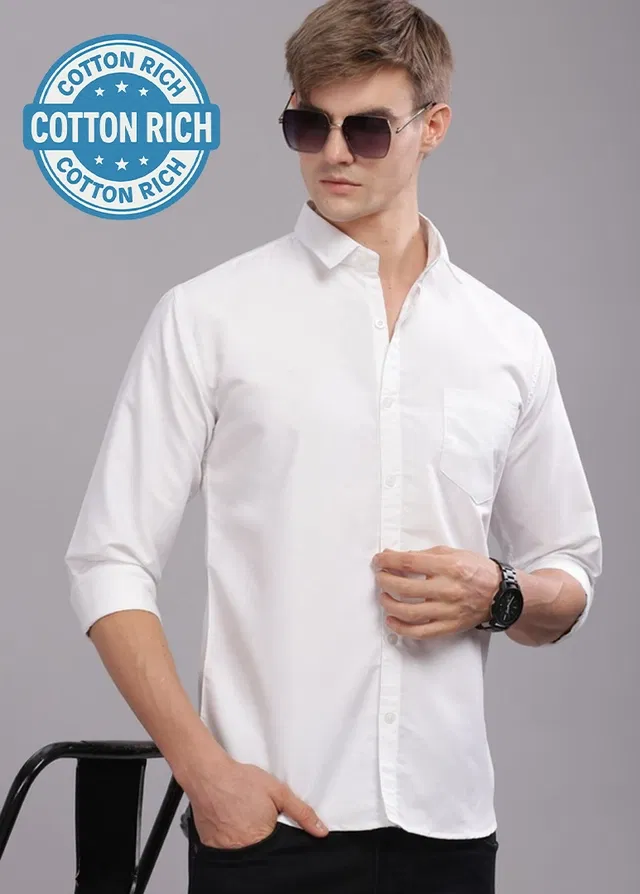Cotton Blend Full Sleeves Solid Shirt for Men (White, XL)