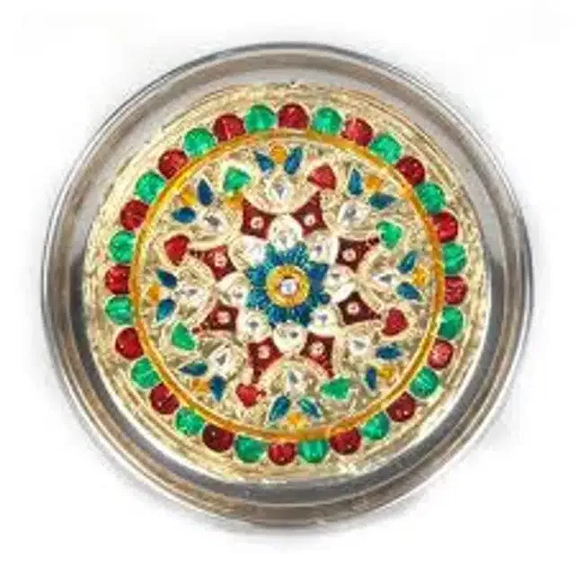 Stainless Steel Decorative Pooja Thali (Multicolor, 8 Inches)