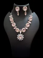 Alloy Crystal Necklace with Earrings for Women (Baby Pink)