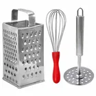 Oc9 स्टेनलेस स्टील 4 in 1 स्लाइसर एंड ग्रेटर & एग व्हिस्क & पोटैटो मेशर फॉर किचन टूल सेट 