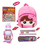 Combo of Kids Cartoon Bag Backpack, All In One Book, Water Bottle & Gift Set Geometry Set 