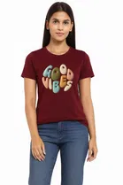 Cotton Blend Printed T-shirt for Women, Maroon 