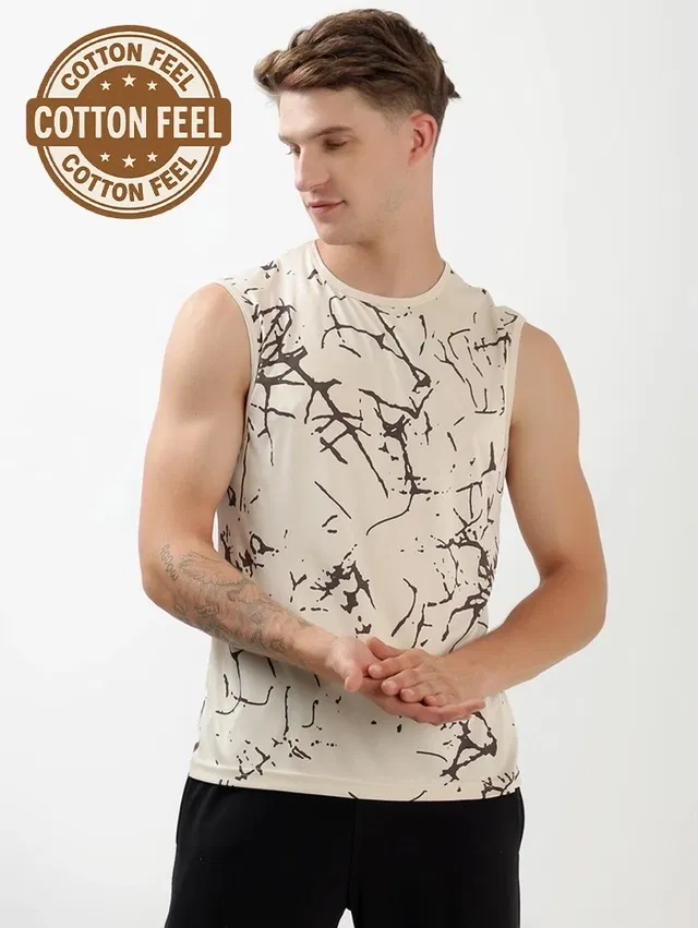 Round Neck Printed T-Shirt for Men (Beige, L)