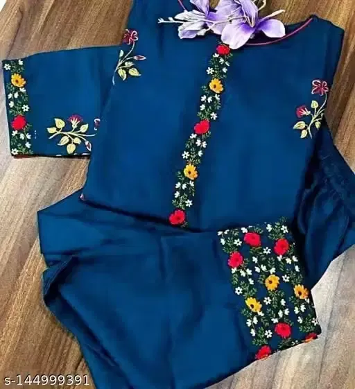 Trendy Cotton Blend Kurta with Pant for Women, Teal (XL)