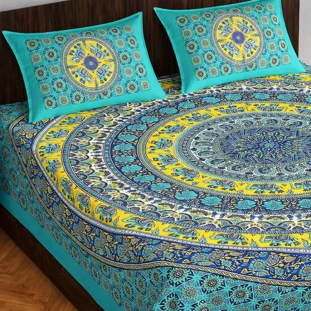 Jaipuri Cotton Double Bedsheet with 2 Pillow Covers | 80x90 Inch | Elephant Mandala Blue | Traditional Rajasthani Print